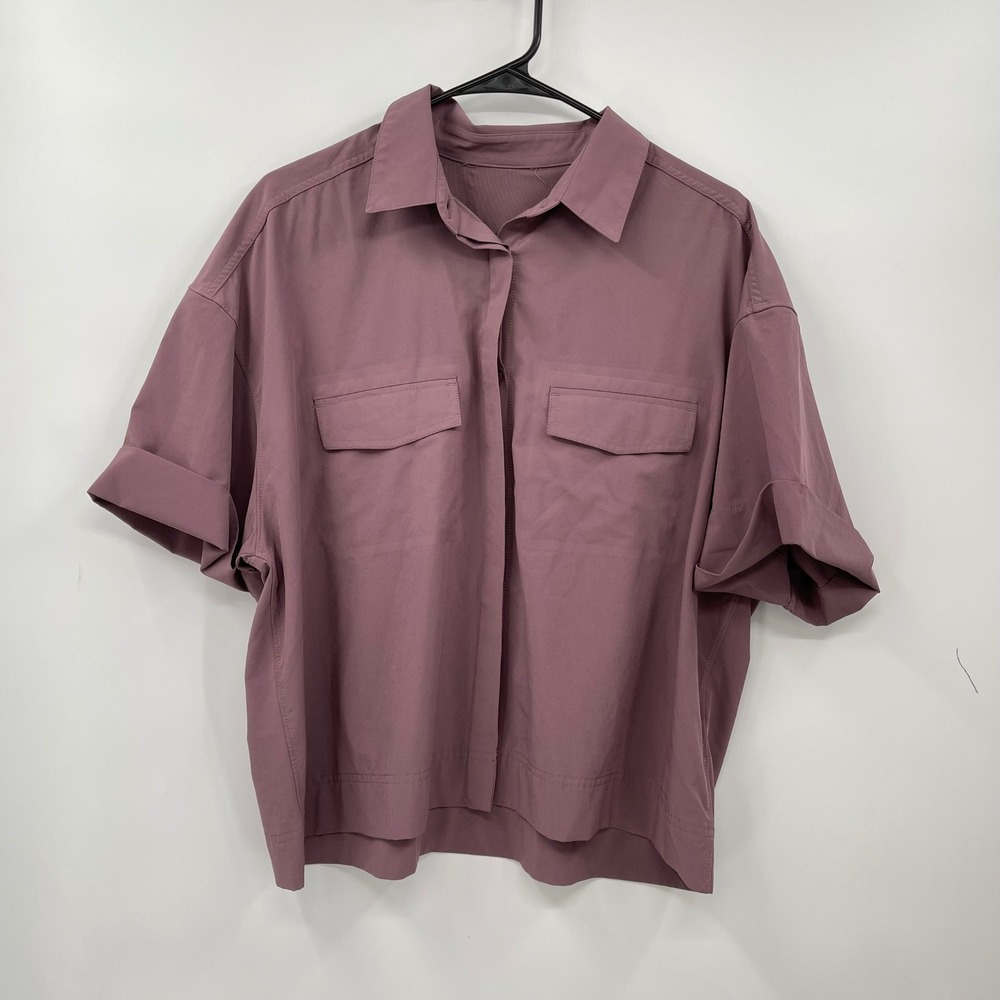 Pre owned Athleta Womens Shirt Relaxed Fit Mauve Purple Short Sleeve Button Up